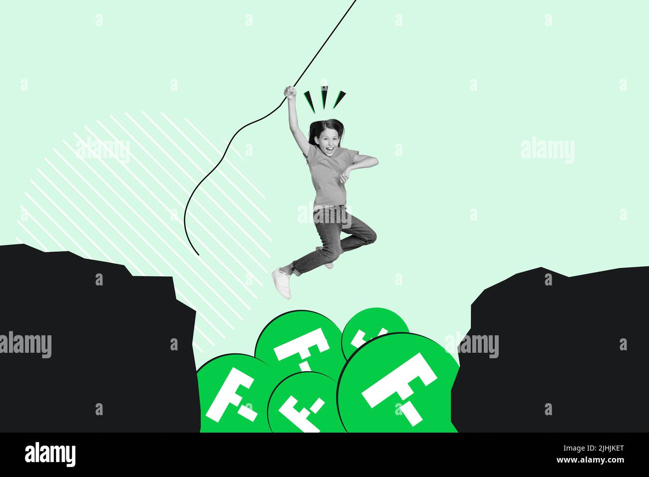 Flying Ropes Girl Collage illustration of excited crazy girl black white colors hold ...