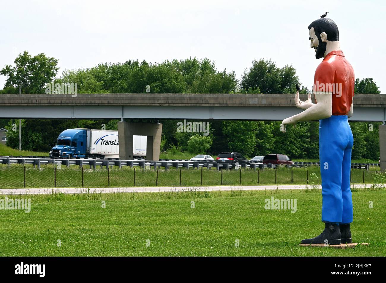 Harley Davidson man statue in front of Pink Elephant Antique Mall, Livingston, Illinois, United States of America Stock Photo