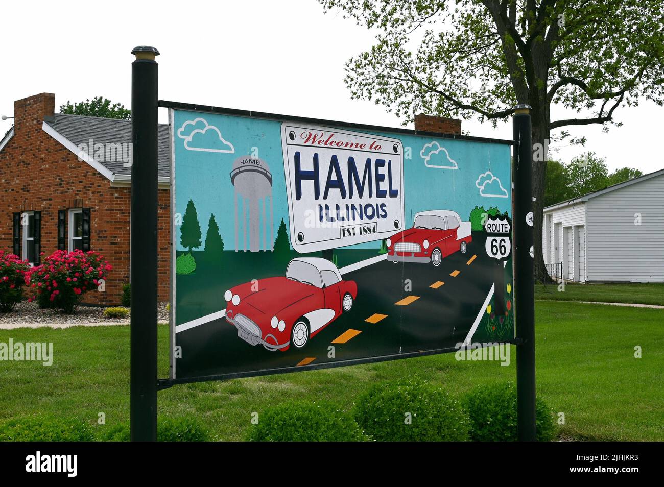 Route 66 place name sign, Welcome to Hamel, Illinois, United States of America Stock Photo