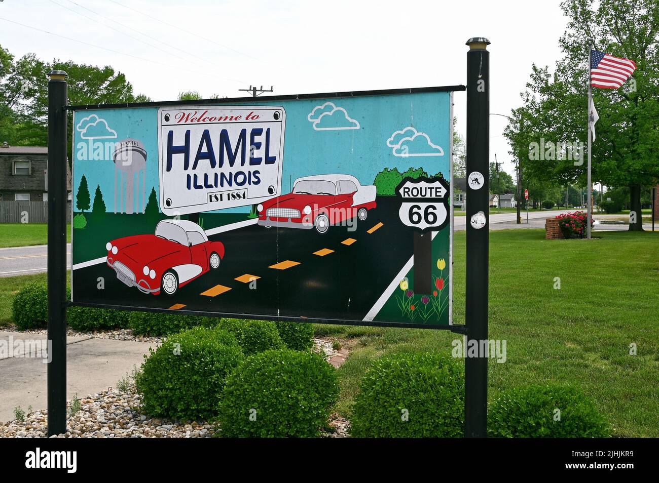 Route 66 place name sign, Welcome to Hamel, Illinois, United States of America Stock Photo