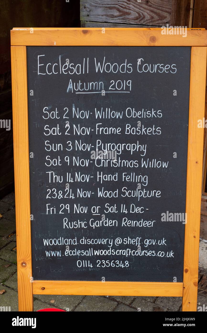 Sheffield, UK - 31 Oct 2019: Notice Board at Eccleshall Woods visitor centre for course in crafting and woodland skills Stock Photo