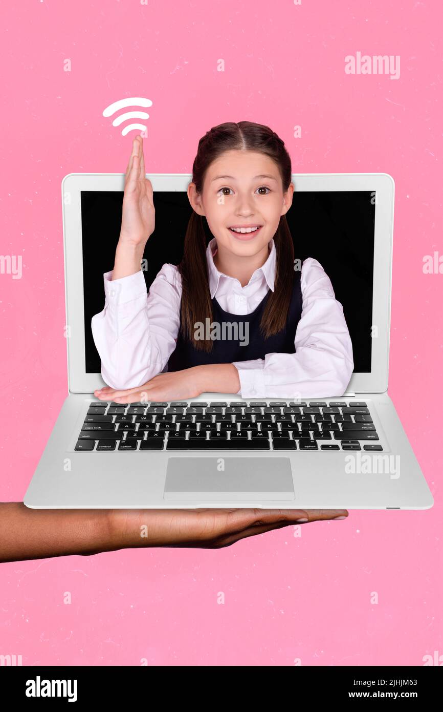 Vertical collage picture of big arm hold netbook positive smart girl ...