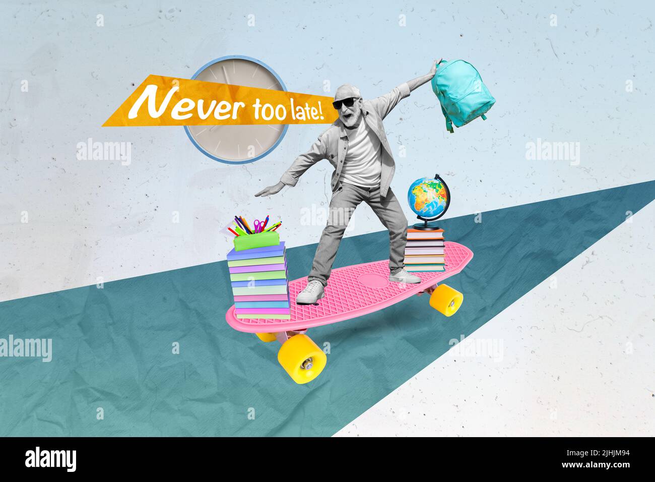 Artwork magazine picture of happy smiling elderly man riding board ...