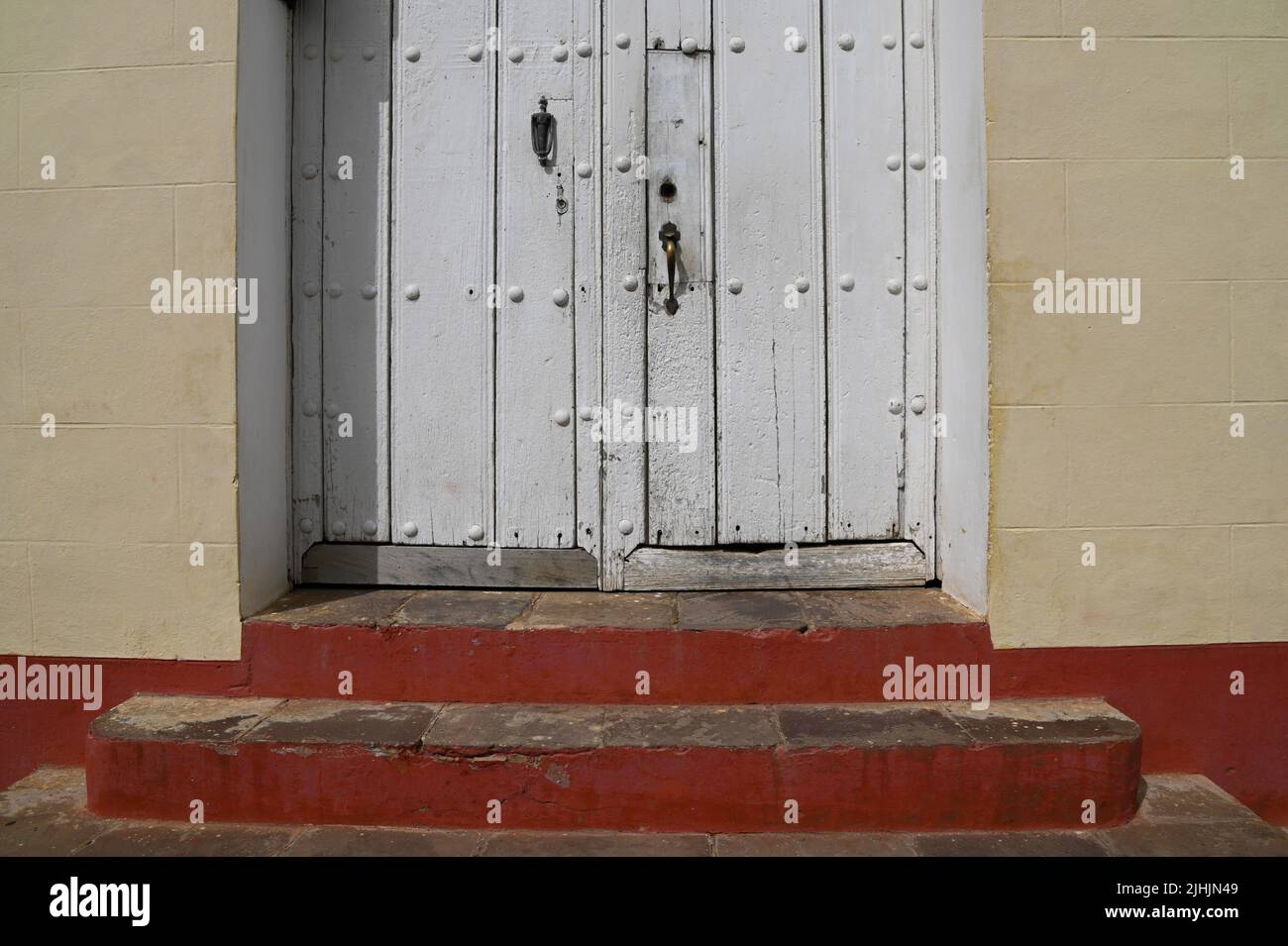 Antique whitewashed wooden door with a retro brass knocker and handle