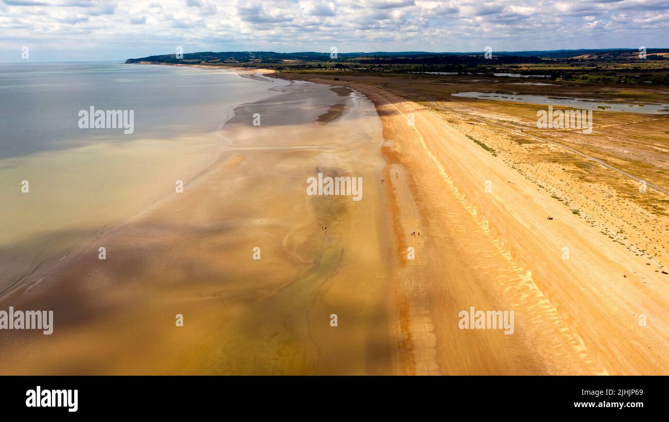 Aerial views over Rye Harbor, East Sussex, including the Nature Reserve, Pett Level Beach, Winchelsea Beach and Fairlight Cove Stock Photo
