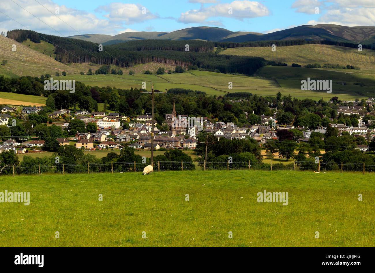 Panoramic view looking down on the town of Moffat, Dumfriesshire, Dumfries & Galloway, Scotland, UK Stock Photo