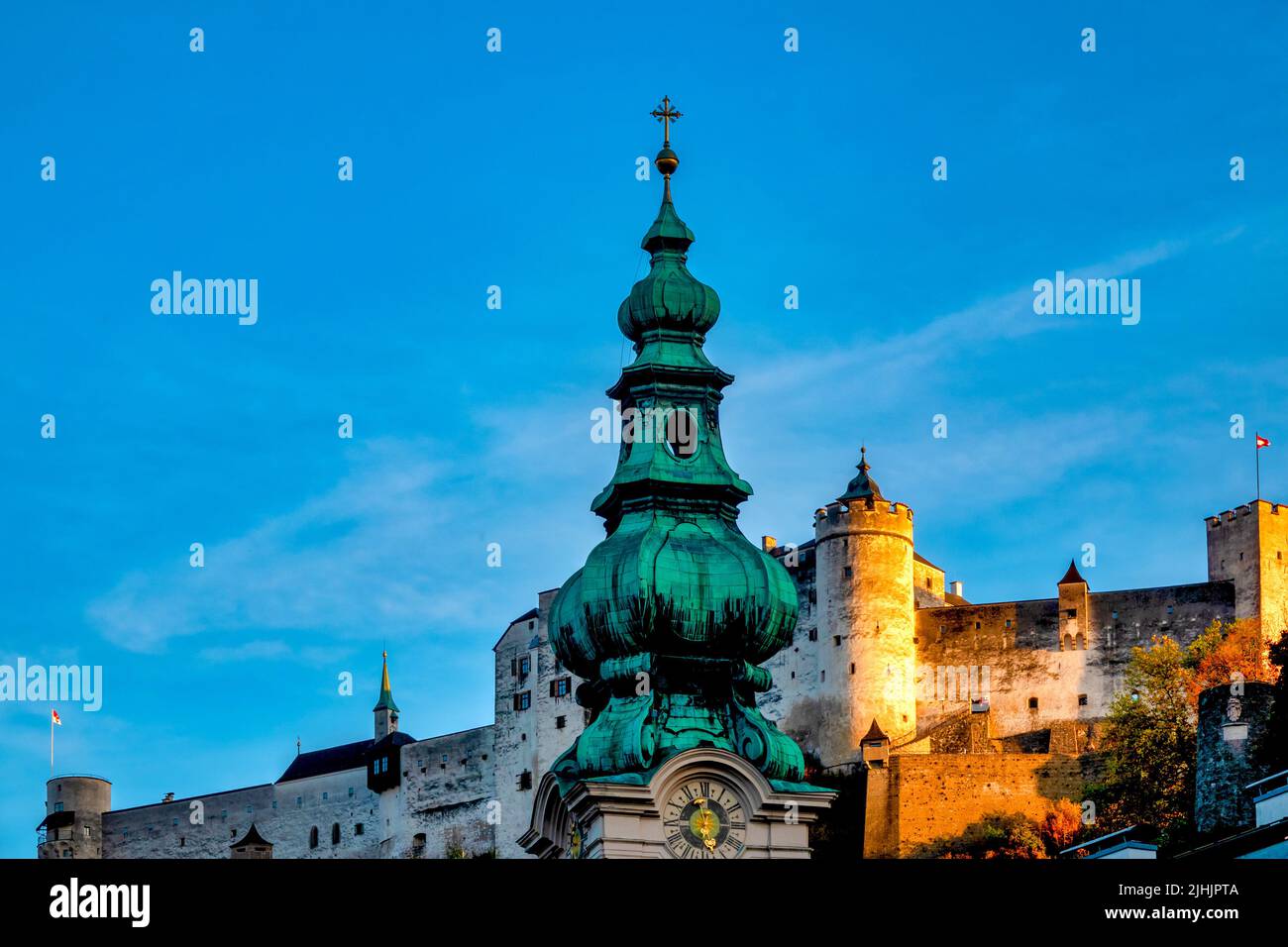Bell tower of St Peter's Abbey and Hohensalzburg Fortress,  Salzburg, Austria, Stock Photo