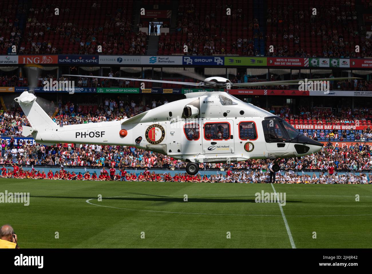Feyenoord helicopter arriving at stadium (stadion) de Kuip in Rotterdam during the fan day ( open dag) 17 july 2022 Stock Photo