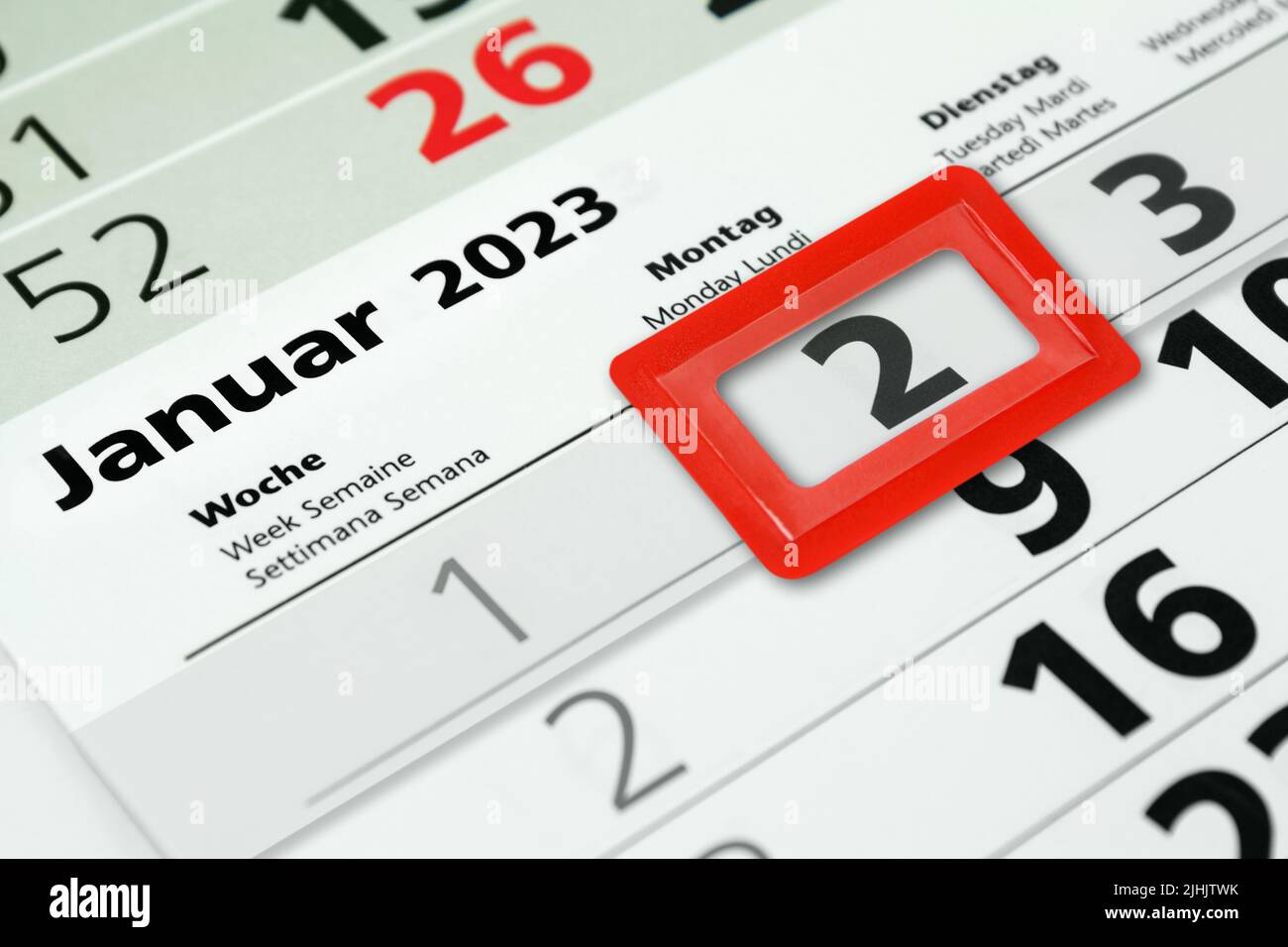 Deutscher Kalender Datum 2. Januar 2023  Montag Stock Photo