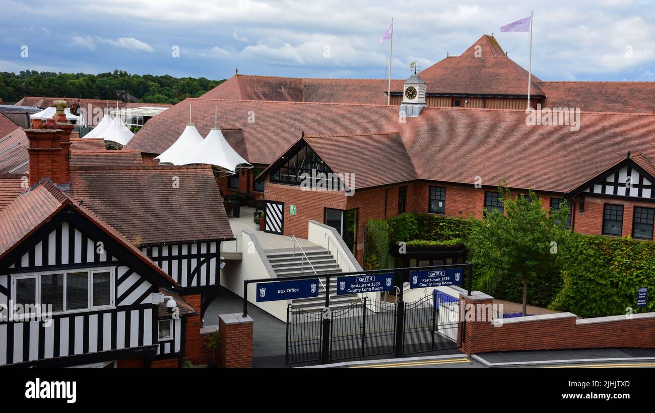 Chester, UK; Jul 3, 2022; A general view across the rooftops of the Chester Racecourse buildings. Stock Photo