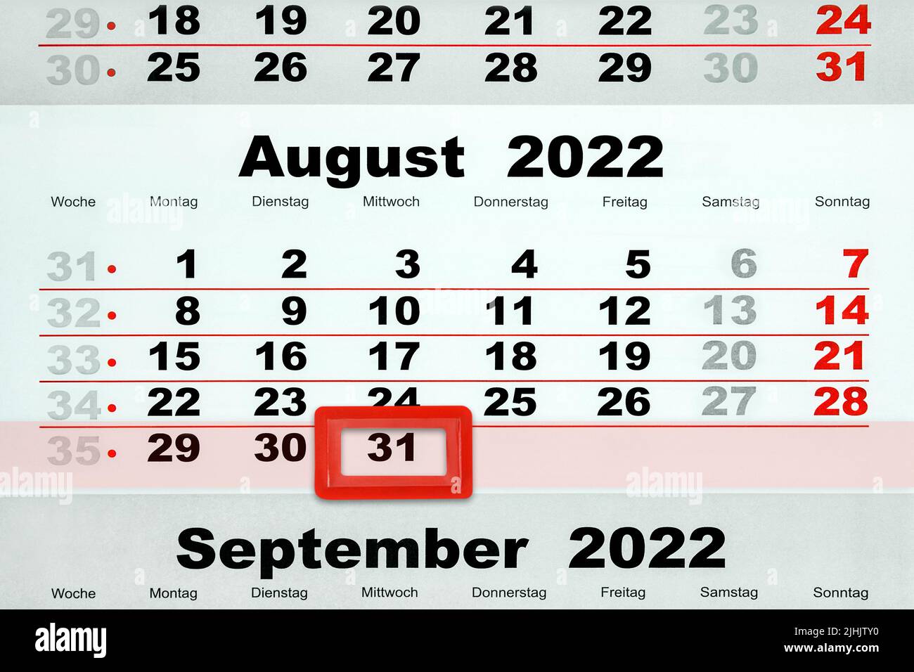 Deutscher Kalender Datum 31. August 2022  Mittwoch Stock Photo