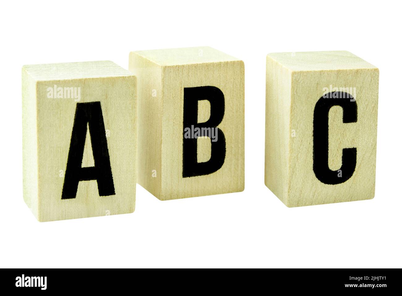A B C letters on wooden cubes isolated on white background Stock Photo