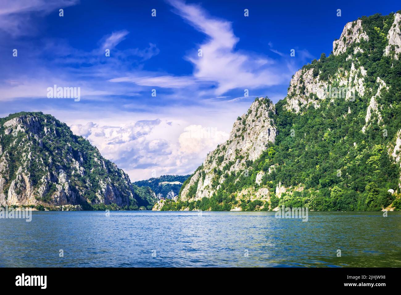 Dubova, Romania. Famous Iron Gates canyon of Danube River. Djerdap Gorge, between Romania and Serbia. Stock Photo