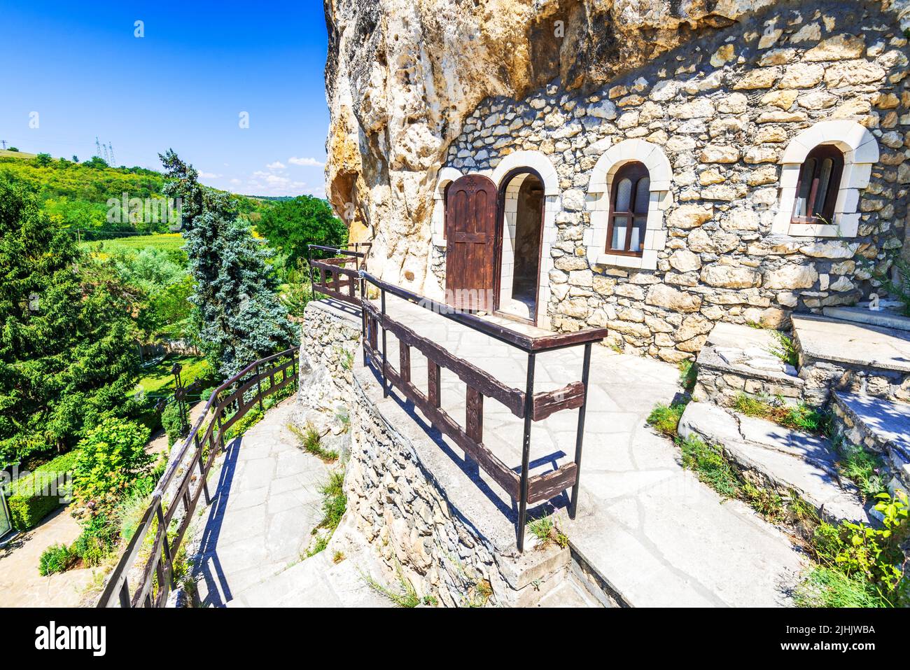 Basarbovo, Bulgaria. Basarbovo Rock Monastery dedicated to Saint Dimitar Basarbowski, Ruse Region, bulgarian heritage. Stock Photo