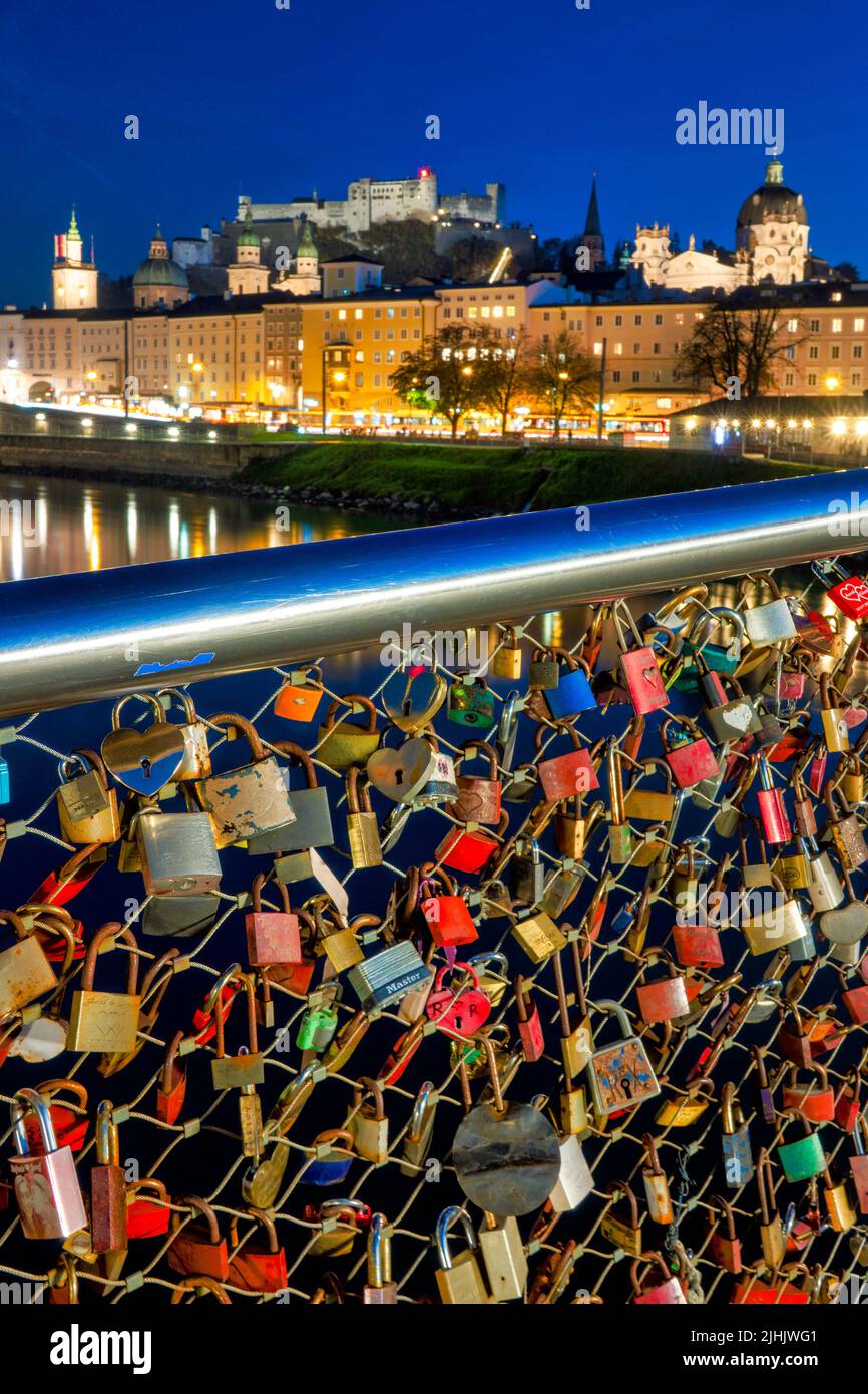 Love locks on the Marko-Feingold-Steg bridge,  Salzburg, Austria Stock Photo
