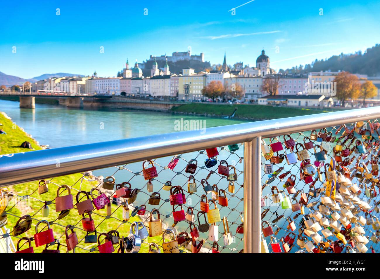 Love locks on the Marko-Feingold-Steg bridge, Salzburg, Austria Stock Photo