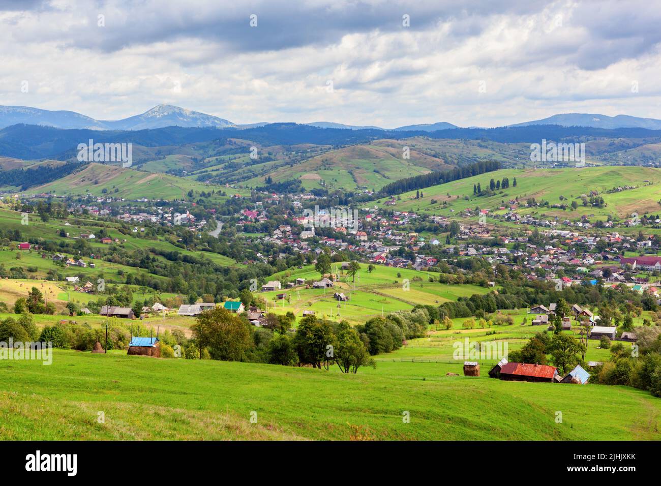 Panoramic view on Yasinia village. Carpathian mountains, Ukraine. Stock Photo