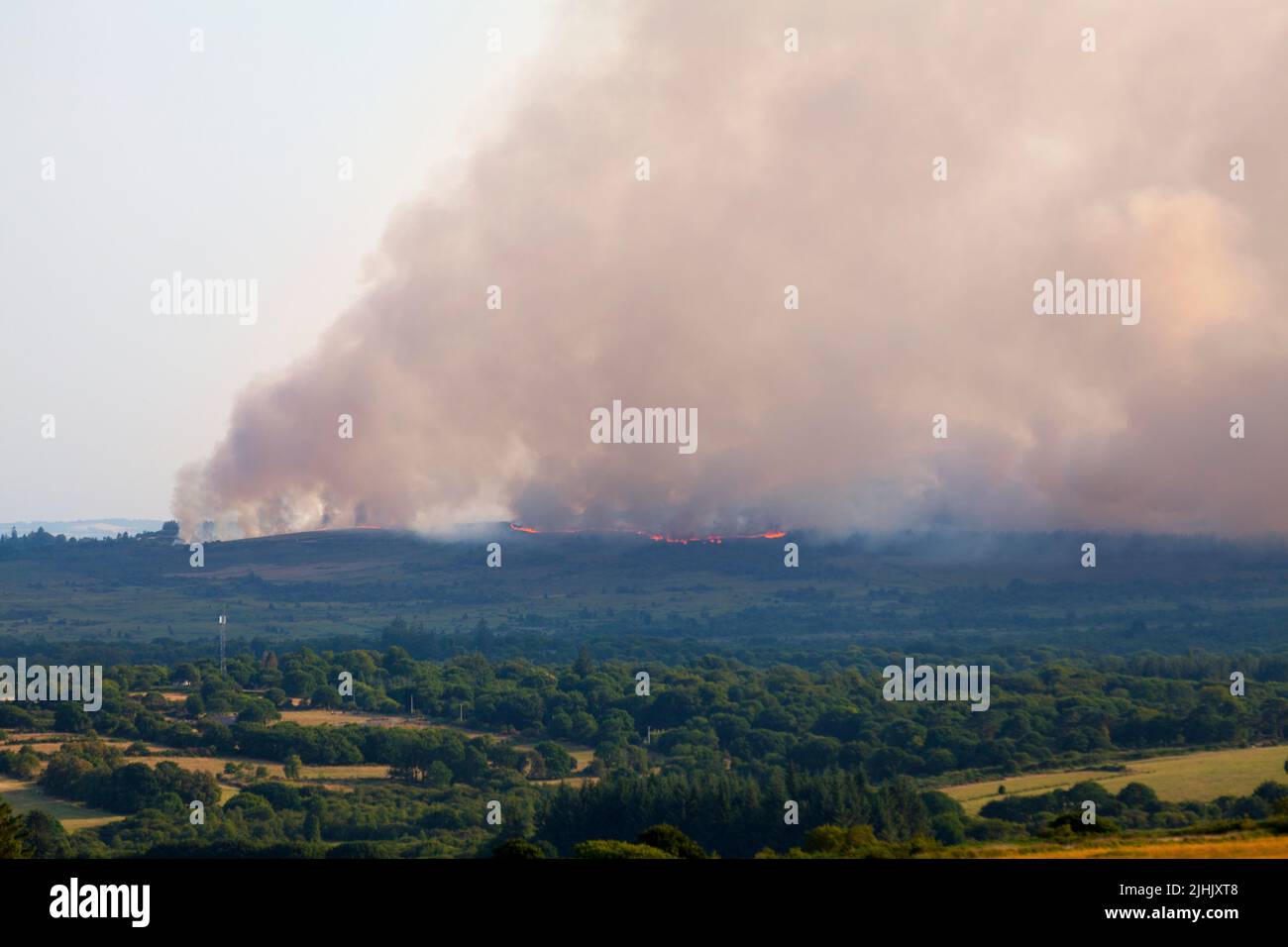 View from Roc'h Bichourel the fire ravaging Brasparts in the Monts d'Arrée during the fire of July 18, 2022. Stock Photo