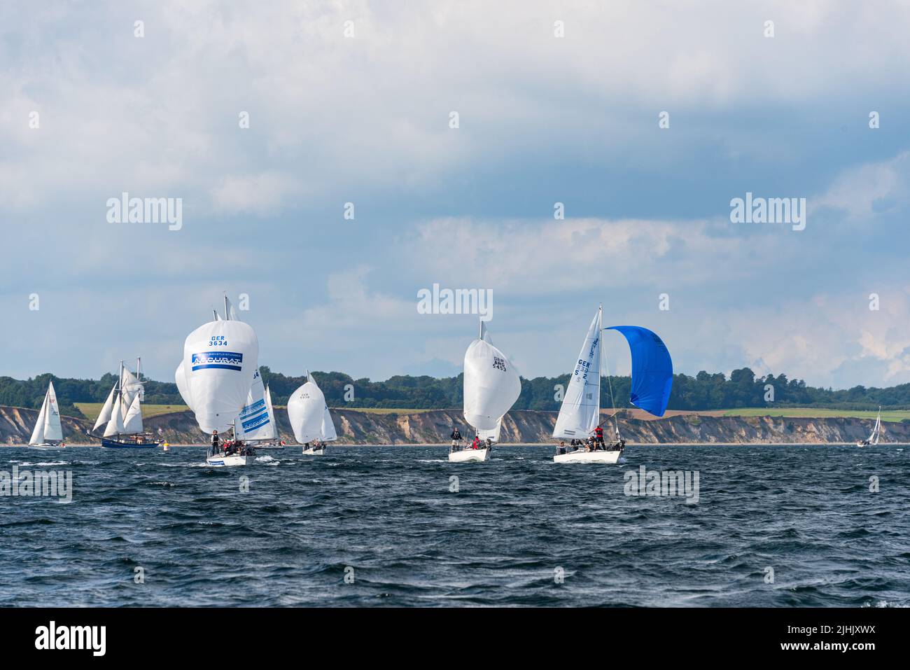 Kiel, Germany, Sept. 2021 J70 class sailing regatta, a keelboat, in the outer fjord off Strande Stock Photo