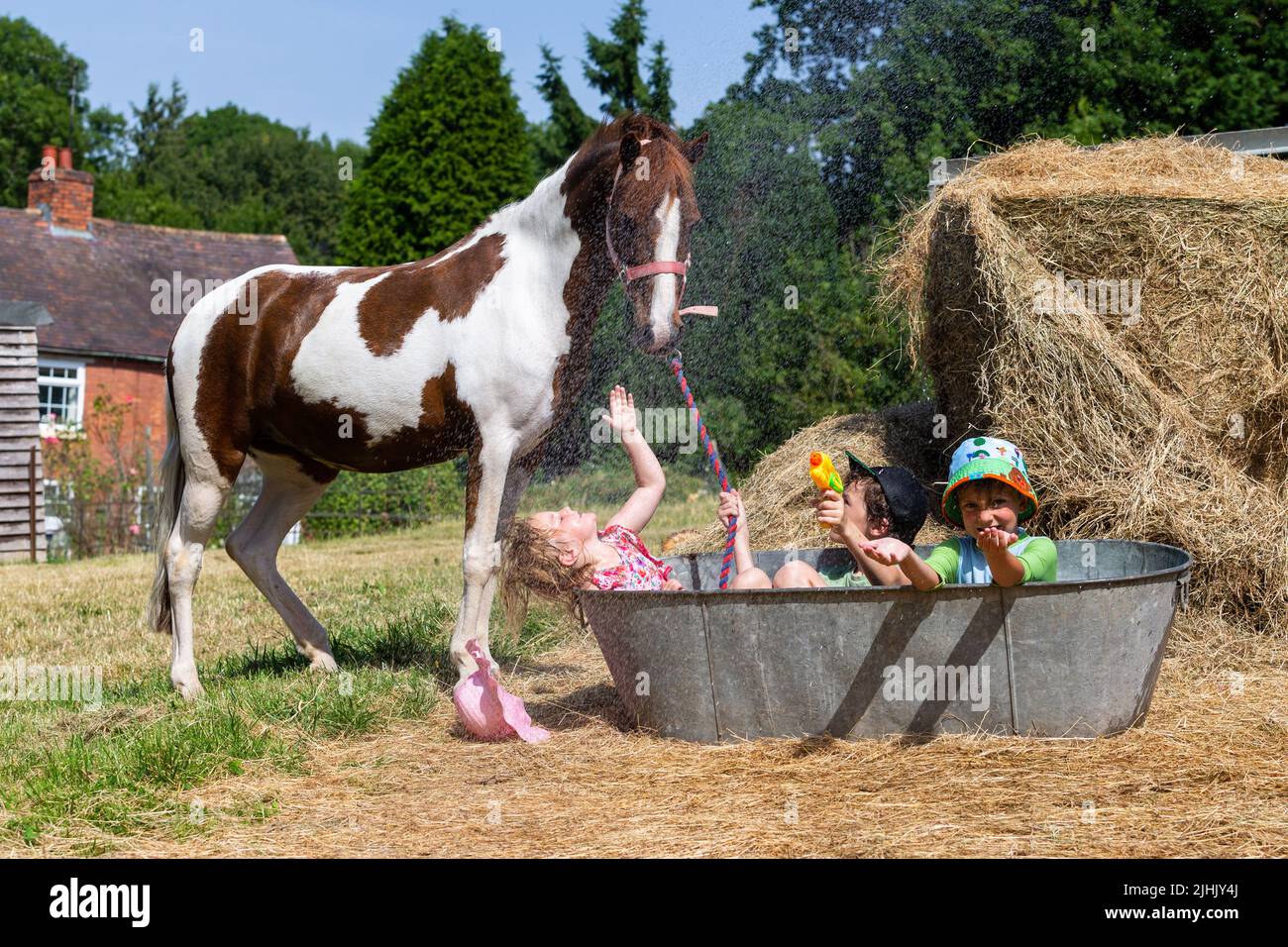 Kidderminster, Worcestershire, UK. 19th July, 2022. Henley Mills, 9, with brother Reggie, 6, and sister Myla-May, 3, have a splashing time in an old tin bath trying to keep cool with their pony Fern in the family's farmyard near Kidderminster, Worcestershire, in a morning where temperatures are set to become UK record highs. Credit: Peter Lopeman/Alamy Live News Stock Photo