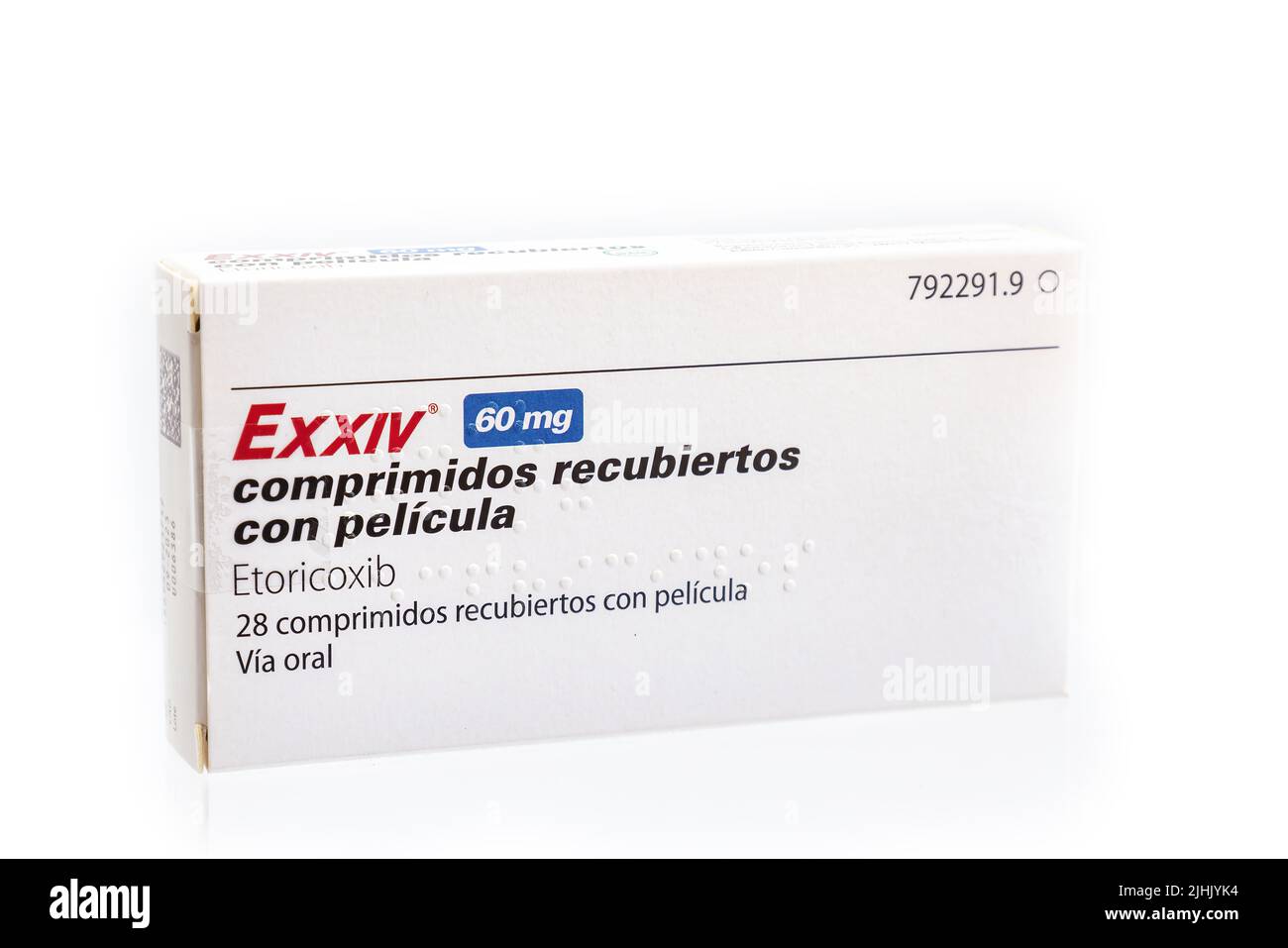 Huelva, Spain - July 19, 2022: A Spanish box of Etoricoxib, brand EXXIV. It is indicated for rheumatoid arthritis, psoriatic arthritis, osteoarthritis Stock Photo