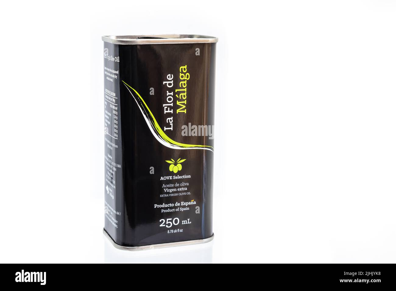 Huelva, Spain - July 19, 2022: A can of extra virgin olive oil, great selection, of the La Flor de Malaga brand Stock Photo