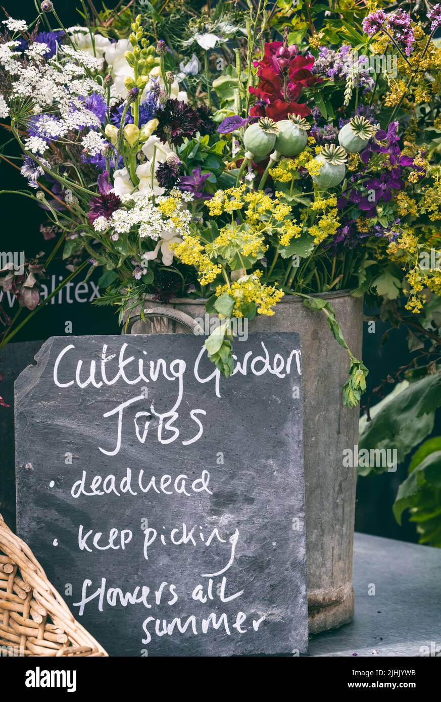 Cut flower display with chalkboard jobs list at a flower show. UK. Vintage filter applied Stock Photo