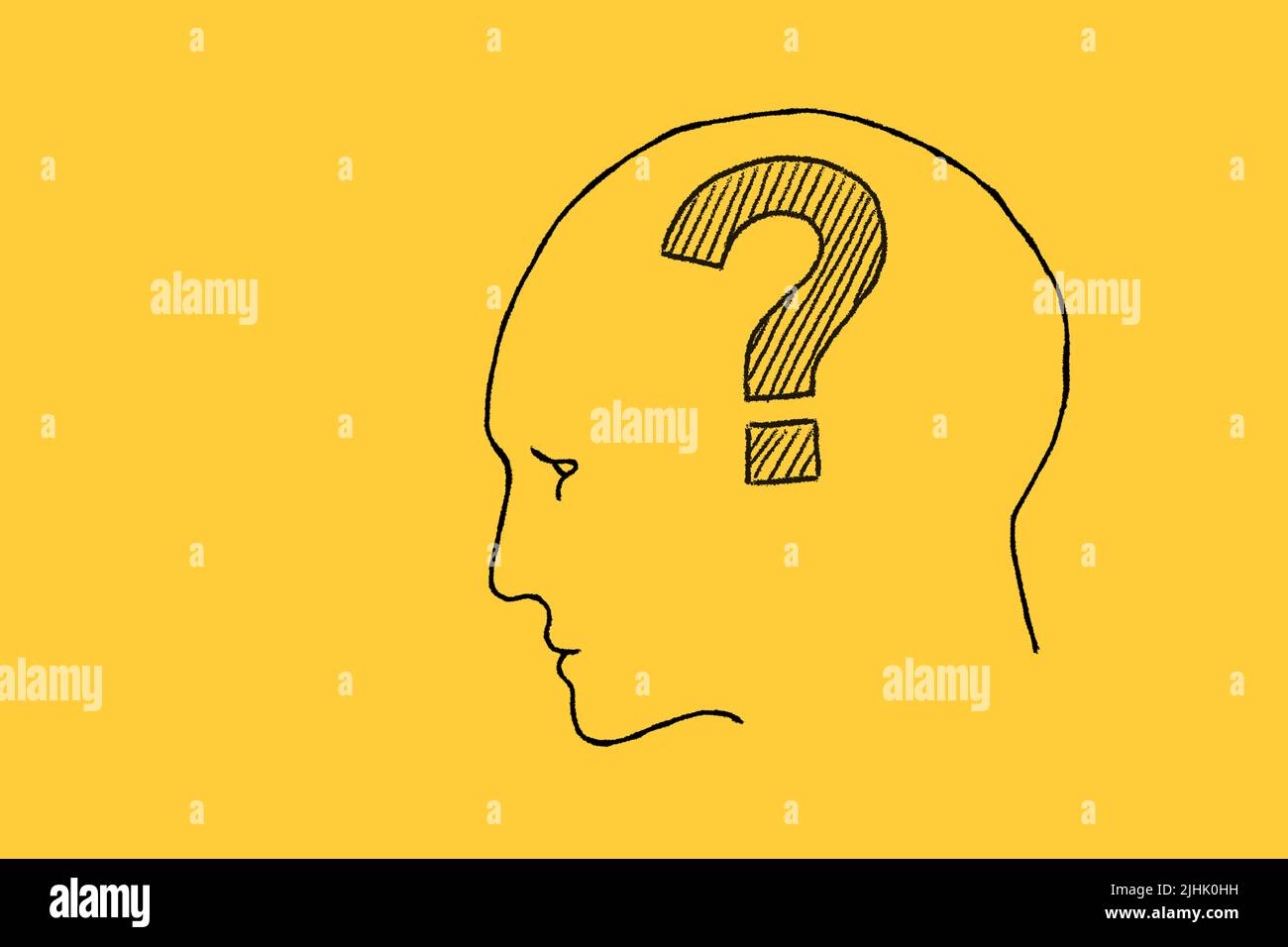 Human face with question mark inside. Illustration on yellow background. Stock Photo