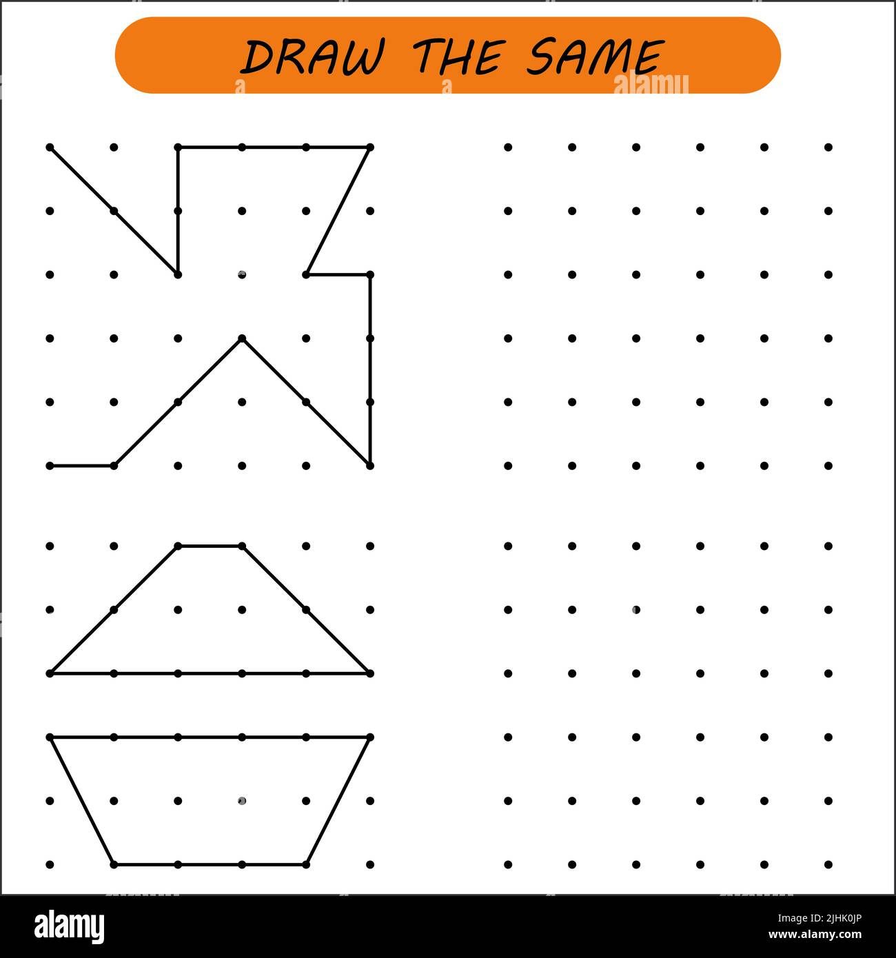 Educational children game, printable worksheet for children. Tracing lines and shapes. Educational game for kids. Combine the points in the figures. Stock Photo