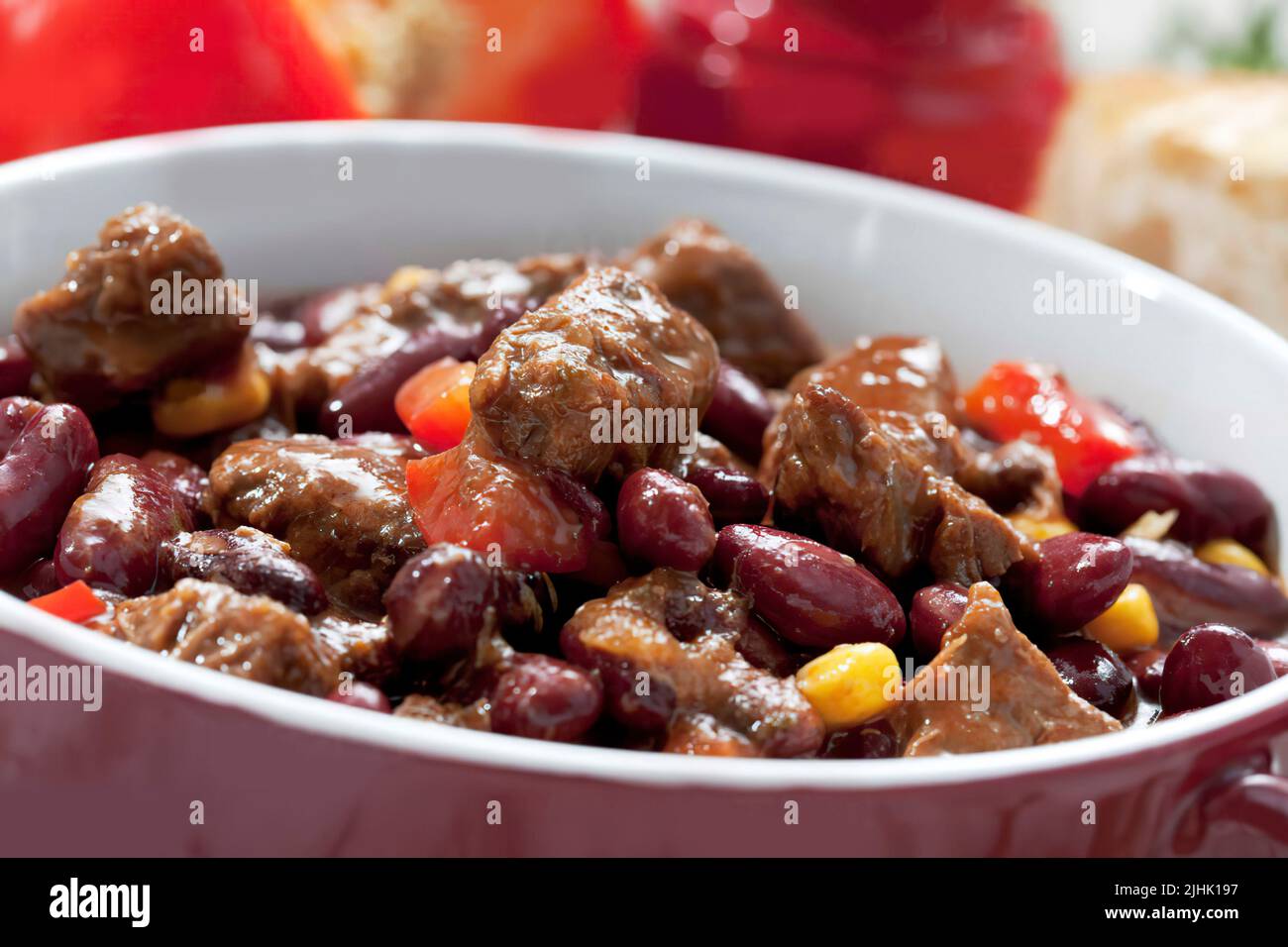 Chili con carne in pot, studio shot Stock Photo