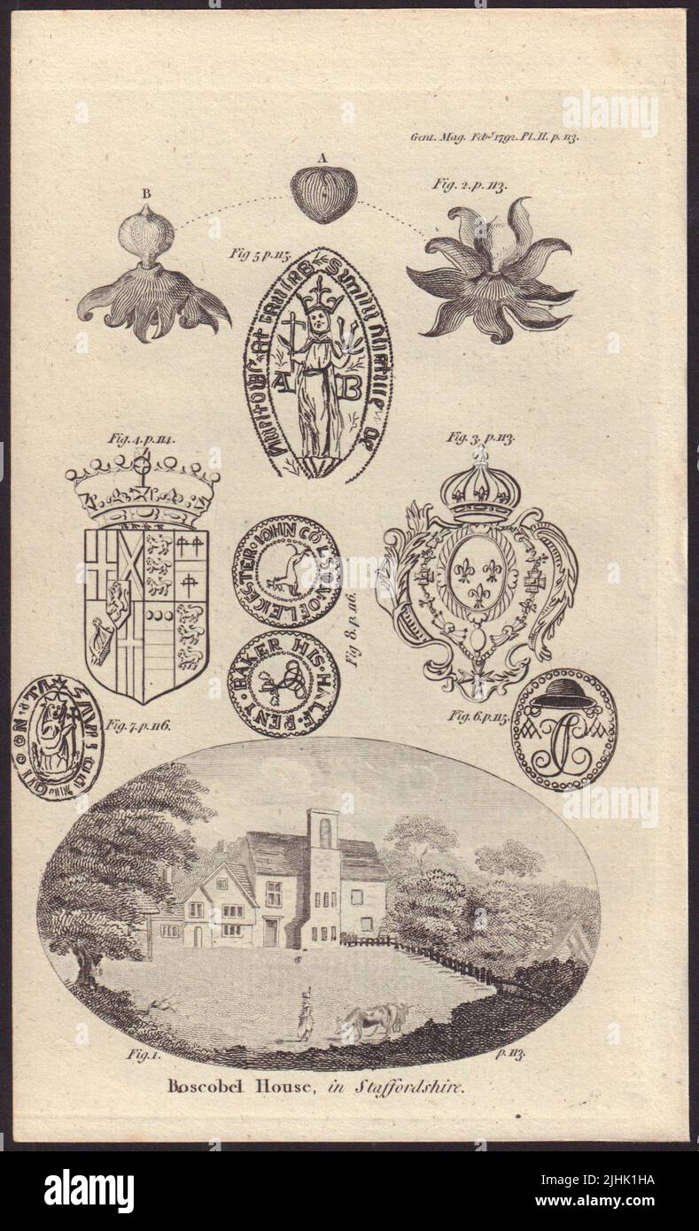 Boscobel House, Shropshire. French Arms Quebec. Cromwell funeral escutcheon 1792 Stock Photo