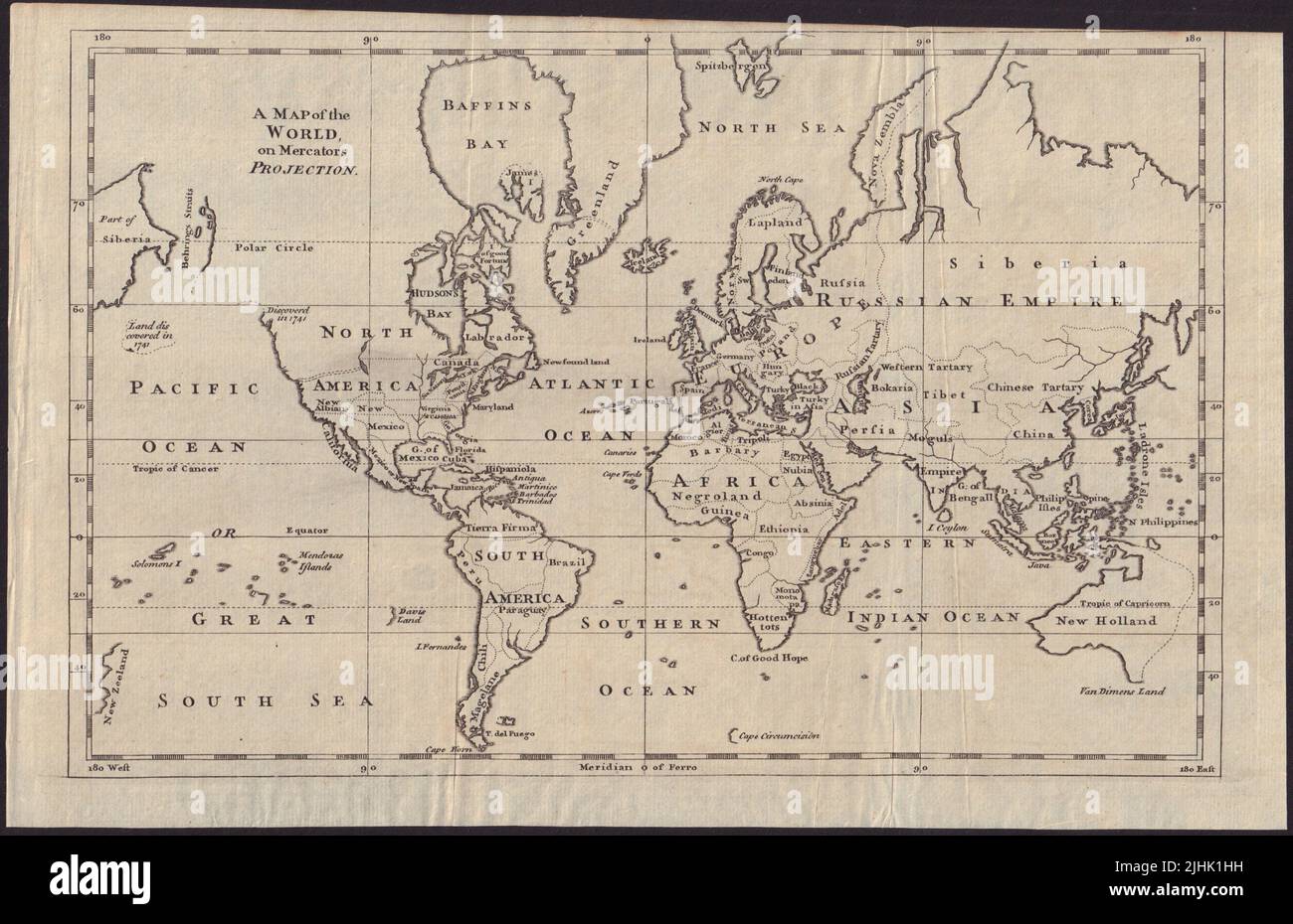 A map of the world on Mercators Projection. Davis Land. GENTS MAG 1755 old Stock Photo