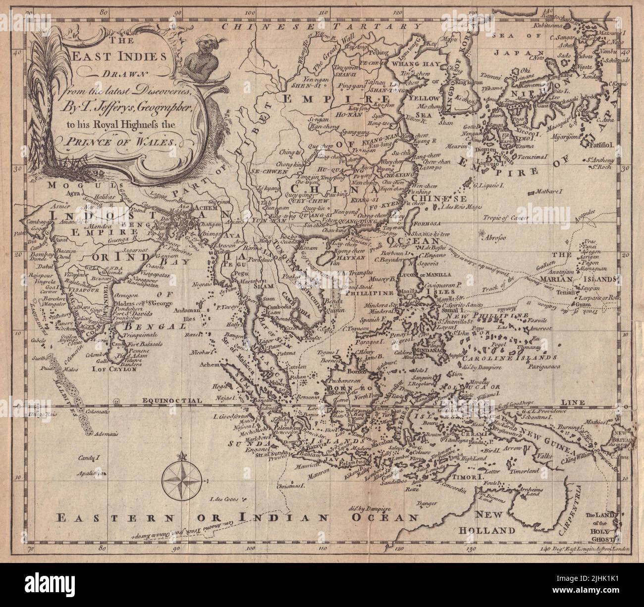 The East Indies drawn from the latest discoveries by T. Jefferys. Asia 1748 map Stock Photo