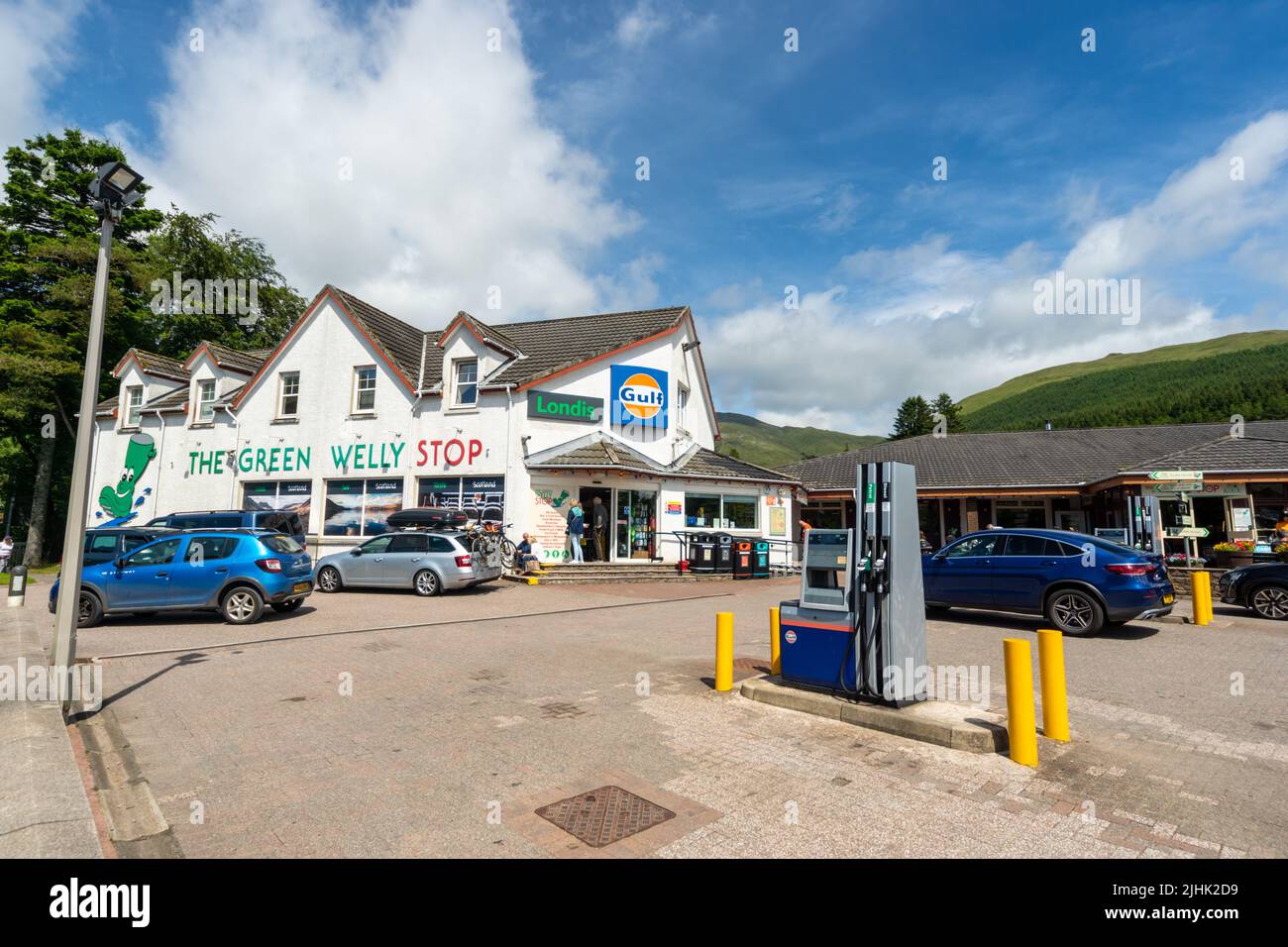 The Green Welly Stop on the A82 in Tyndrum, Scotland, UK. A service station with fuel, food and a shop. Stock Photo