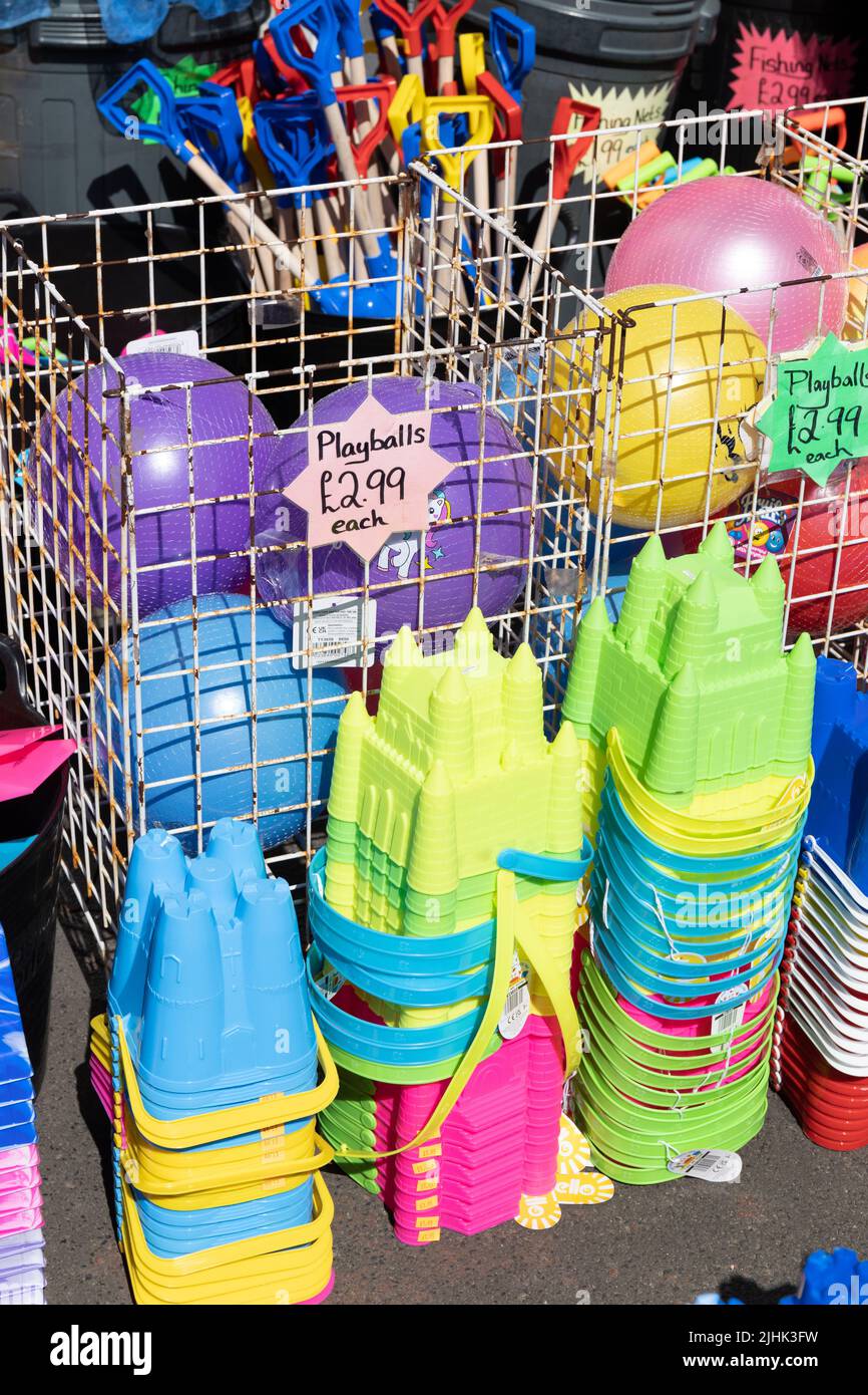 Colourful childrens beach balls, buckets and spades at Seahouses