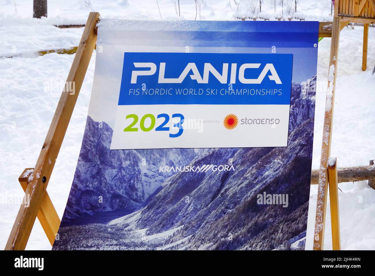 Deckchair standing in snow with reference to the Planica Fis Nordic World Ski Championships in Kranjska Gora, Slovenia Stock Photo
