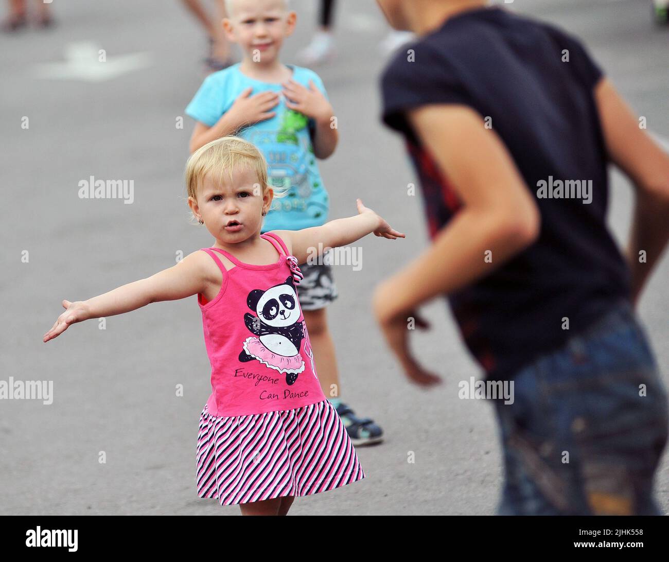 ZAPORIZHZHIA, UKRAINE - JULY 17, 2022 - A little girl is pictured at the IDP Reception Centre which helps people who fled the Russian aggression, Zapo Stock Photo