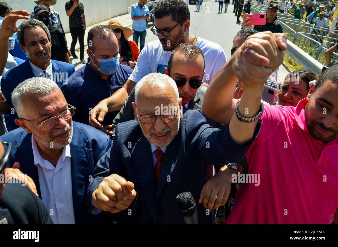 Tunis, Tunisia. 19th July, 2022. Tunis, Tunisia. 19 July 2021. Tunisia's opposition leader Rached Gannouchi about to appear in front of the anti-terrorism pole in Chargula, Tunis. The head of the Islamic-inspired Ennahda party faces charges of money laundering and terrorist financing. As Mr Ghannouchi entered the court demonstrators gathered outside calling for democracy and condemning the trial as political (Credit Image: © Hasan Mrad/IMAGESLIVE via ZUMA Press Wire) Stock Photo