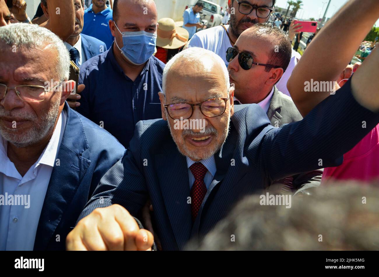 Tunis, Tunisia. 19th July, 2022. Tunis, Tunisia. 19 July 2021. Tunisia's opposition leader Rached Gannouchi about to appear in front of the anti-terrorism pole in Chargula, Tunis. The head of the Islamic-inspired Ennahda party faces charges of money laundering and terrorist financing. As Mr Ghannouchi entered the court demonstrators gathered outside calling for democracy and condemning the trial as political (Credit Image: © Hasan Mrad/IMAGESLIVE via ZUMA Press Wire) Stock Photo