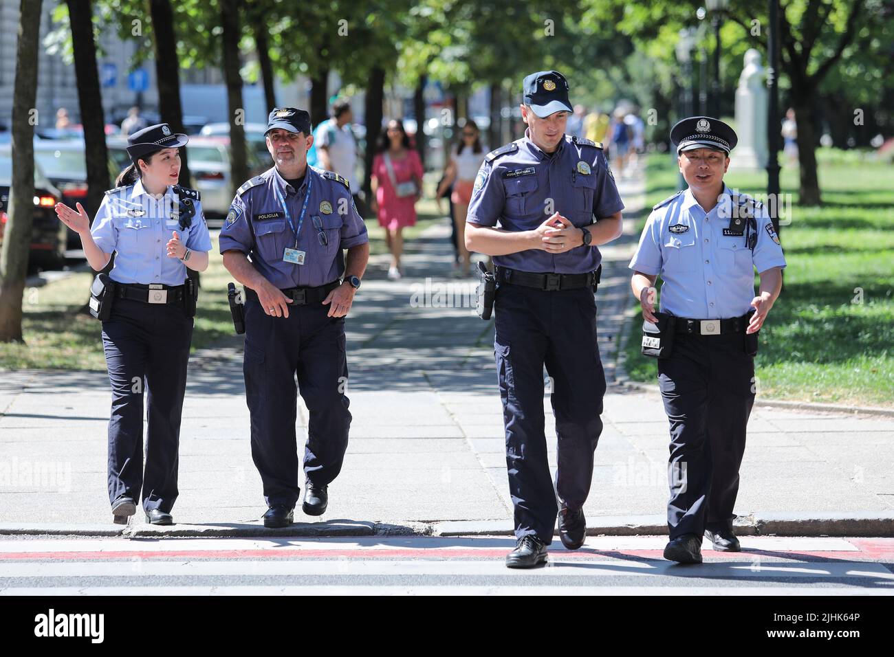 Croatia and Chinese Police officers patrol downton Zagreb as part Croatia, China joint police patrol in Zagreb, Croatia on July 19, 2022. Eight Chinese police officers will conduct the one-month joint patrol in Zagreb, Zadar, Plitvice Lakes National Park and Dubrovnik. Photo: Tomislav Miletic/PIXSELL Stock Photo