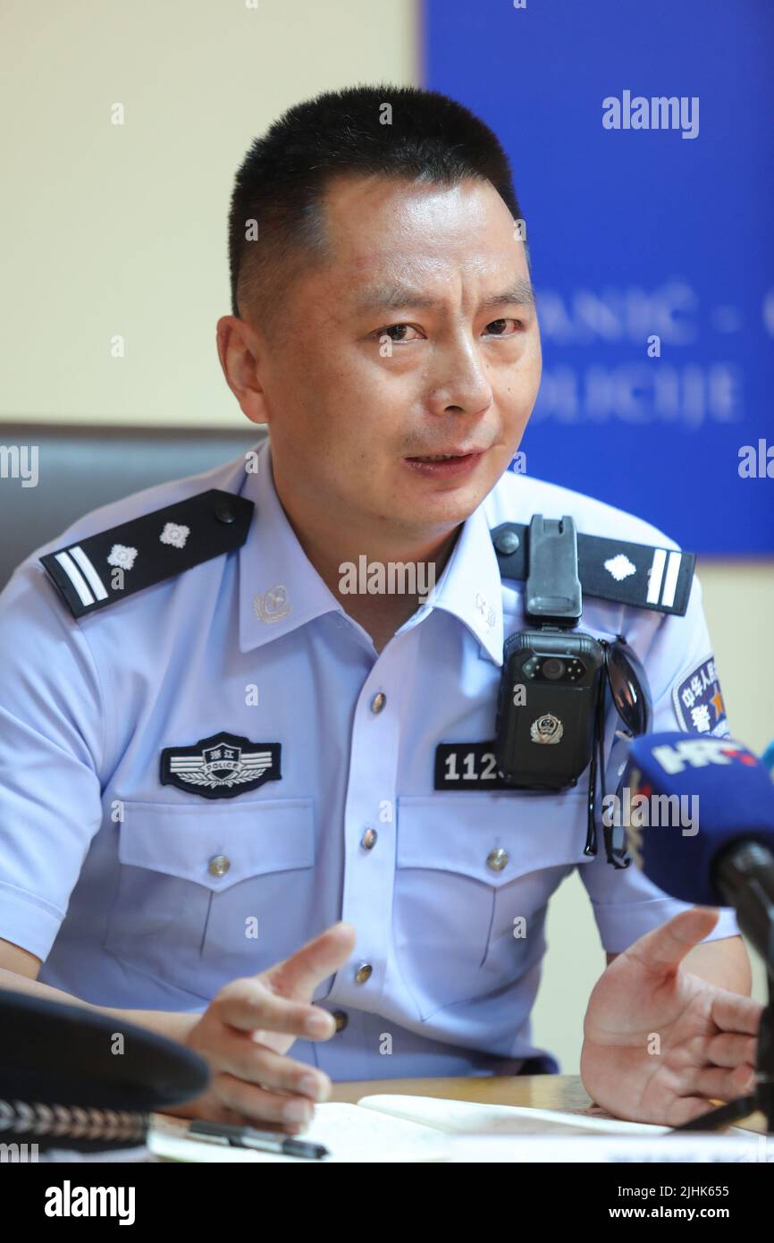 Chinese Police Supervisor Bingyang Wang speaks during an announcement of Croatia, China joint police patrol in Zagreb, Croatia on July 19, 2022. Eight Chinese police officers will conduct the one-month joint patrol in Zagreb, Zadar, Plitvice Lakes National Park and Dubrovnik. Photo: Tomislav Miletic/PIXSELL Stock Photo