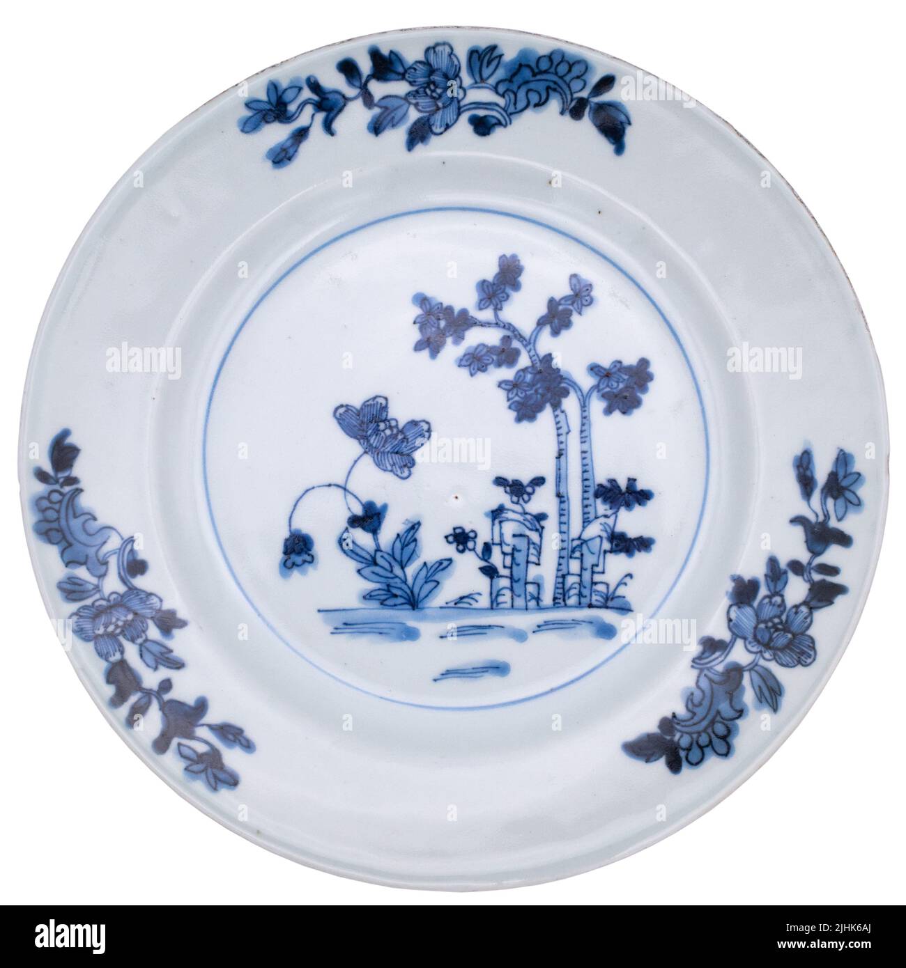 Antique Chinese Blue & White Export Porcelain Dish Plate With Floral Decoration Stock Photo