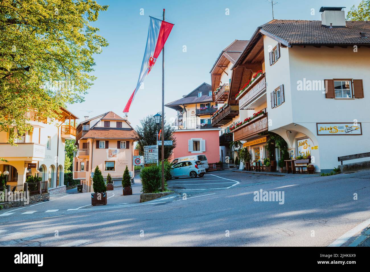 View of a street in Collalbo, Klobenstein in German, is a fraction, and seat of the town hall, of the scattered Italian municipality of Renon, in the Stock Photo