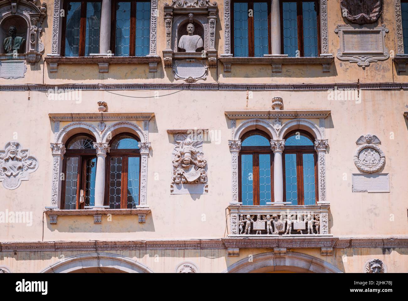 Detail facade. The Palazzo dei Rettori is a historic building in the city of Belluno in the Piazza del Duomo. The building, initially in Venetian Goth Stock Photo