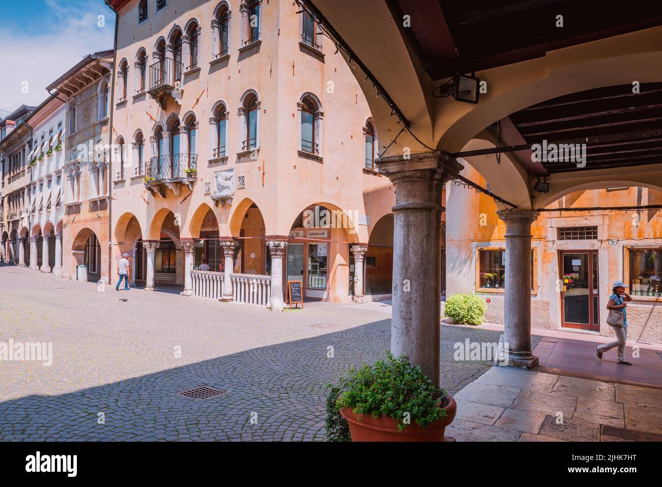Arcades in the Market square - Piazza Mercato. Belluno, Veneto, Italy, Europe. Stock Photo