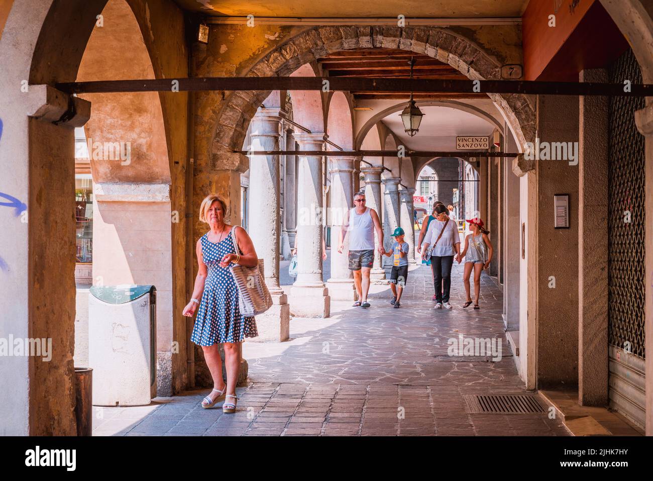 Arcades in the Market square - Piazza Mercato. Belluno, Veneto, Italy, Europe. Stock Photo