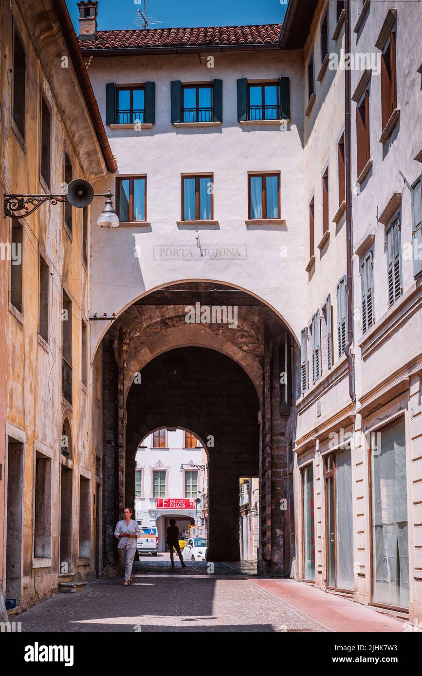The Dojona gate, porta Dojona, is one of the three gates of the ancient walls of Belluno that have been preserved up to our times. South side. A first Stock Photo
