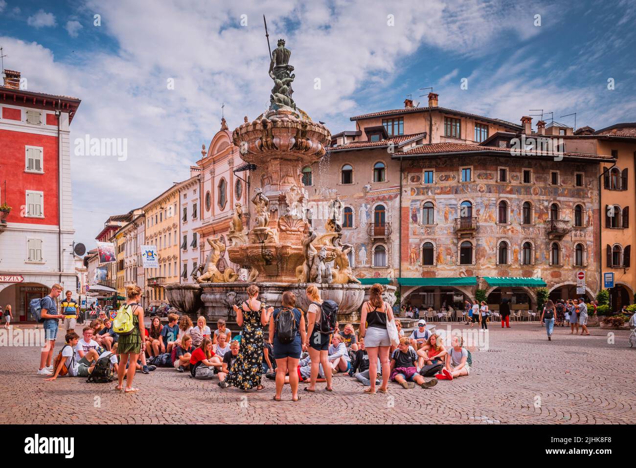 Piazza Duomo in the foreground the Neptune fountain. Trento ,Trentino, Trentino-Alto Adige/Südtirol, Italy, Europe Stock Photo