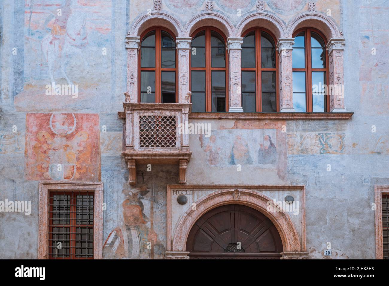 Palazzo Quetta - Alberti Colico is a historic building in Trento, whose peculiarity lies in the frescoed facade dating back to the 15th-16th century. Stock Photo