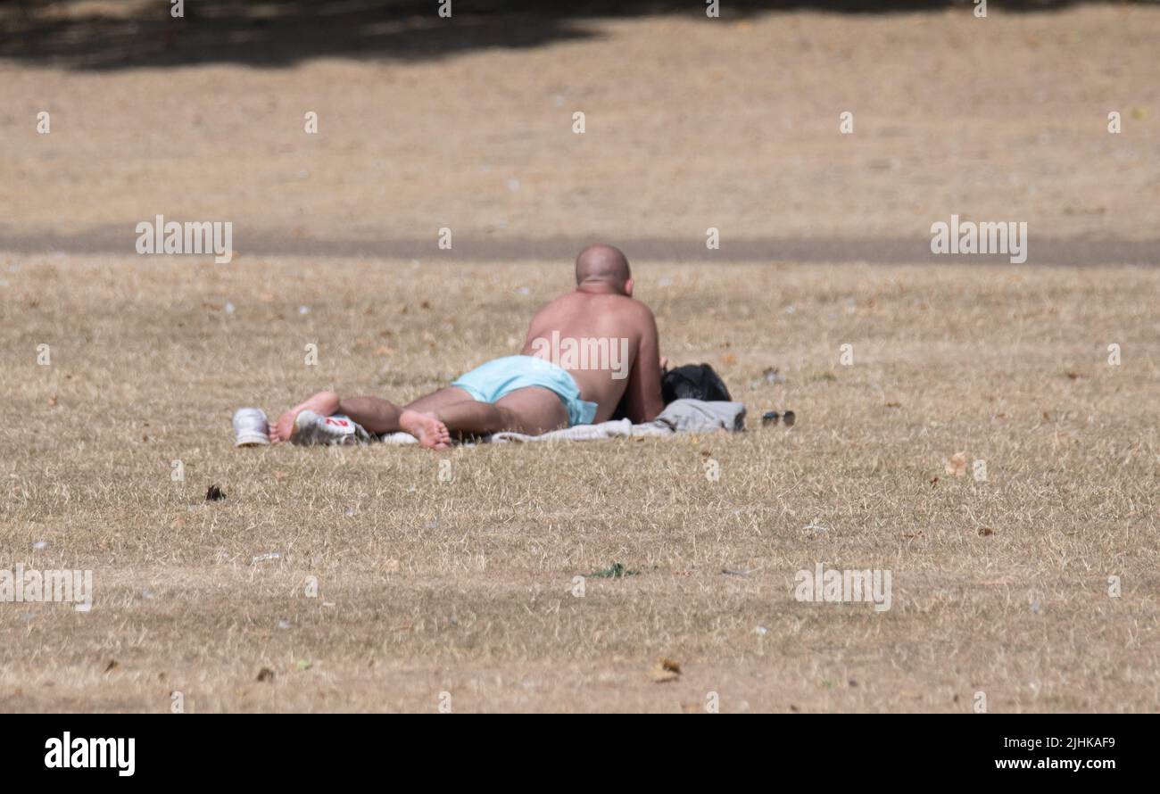 London, UK. 19th July, 2022. UK Weather, on the hottest day of the year people enjoy St James Park London Man sunbathing. Credit Ian Davidson/Alamy Live News Stock Photo